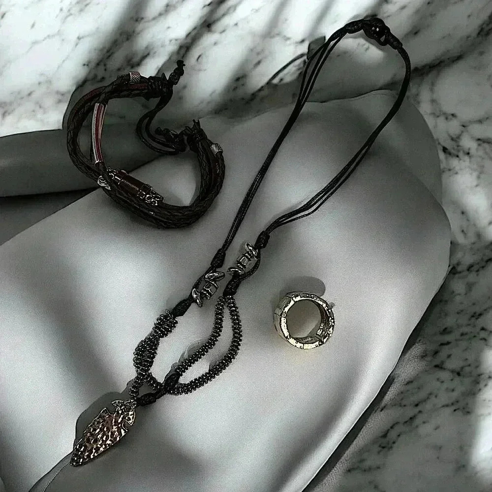 Faux leather & silver mens 3 piece jewelry set
